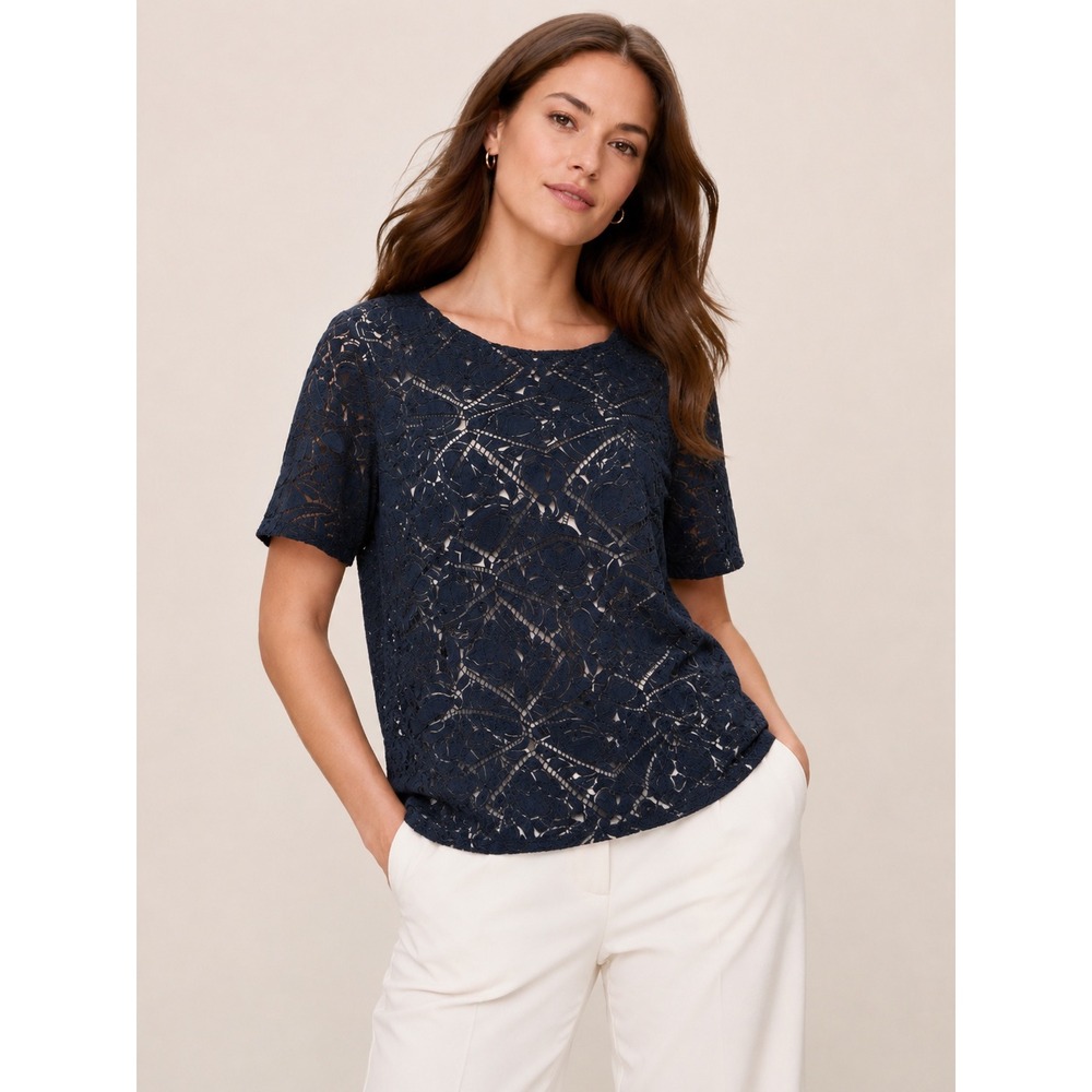 J.Crew Womens Floral Eyelet Lace Top‎ L Classic Navy Blue Short Sleeve Blouse
